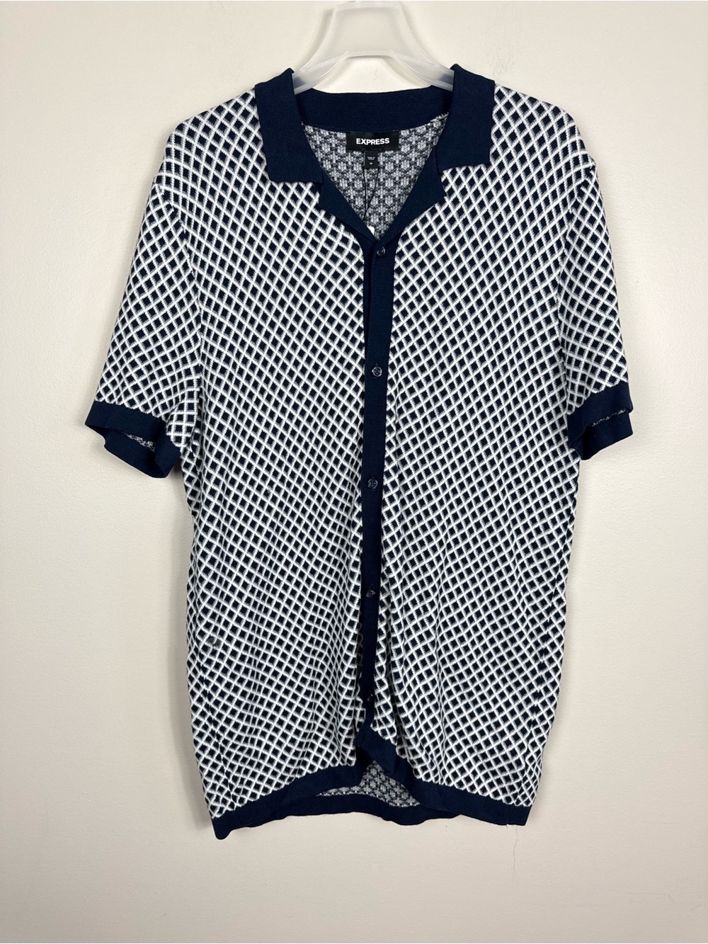 Express Knit Button Up Shirt Mens Medium Blue White Classic Preppy AOP Top NWT